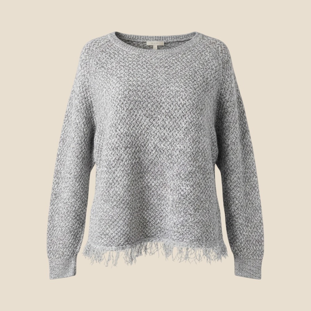 Joie Basketweave Knit Sweater Womens Medium Grey Fringe Hem Pullover‎